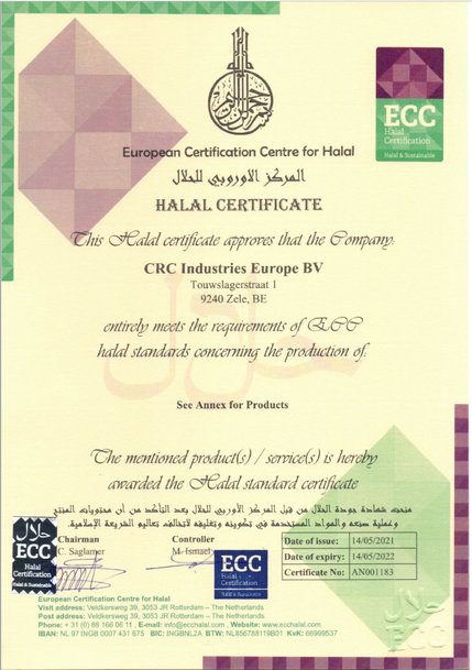 Certificación halal para los productos NSF H1 y M1 de CRC